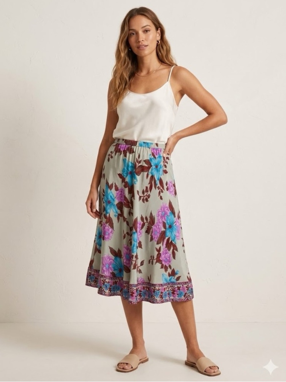NWT Plenty l 100% Silk Floral Print A-Line Midi Skirt Beaded Hem Detail size 2